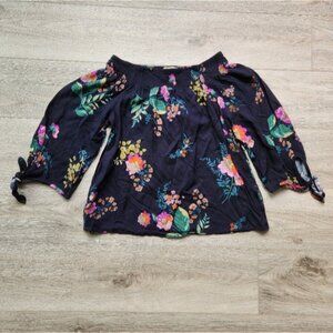 Love Stitch Navy Floral Top Womens Small Tie Sleeves Pink Green Cottagecore